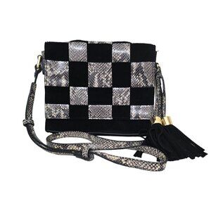 margot Black Suede Leather Snake Print Basket Weave Crossbody Purse